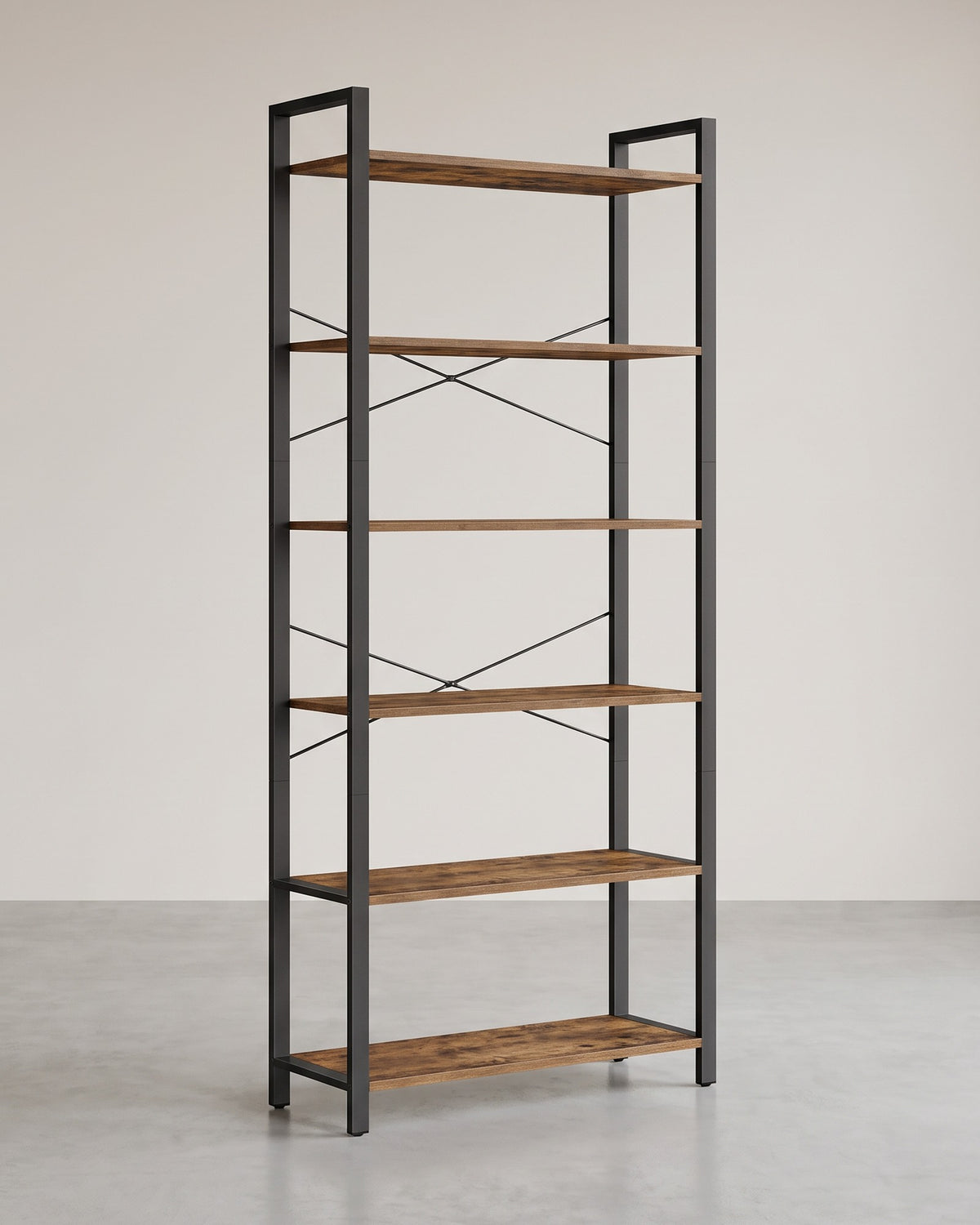 Industriële Boekenkast met 6 Planken – Stalen Frame met X-Verstevigingen – Verstelbare Voetjes – 78 cm