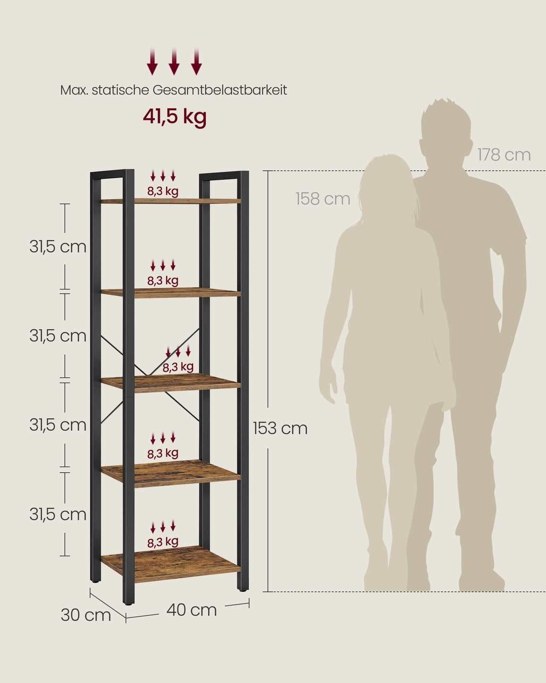 Boekenkast Industrieel – 6 Niveaus – Smal 40 cm – Zwart Metalen Frame met Houtlook – voor Woonkamer & Kantoor