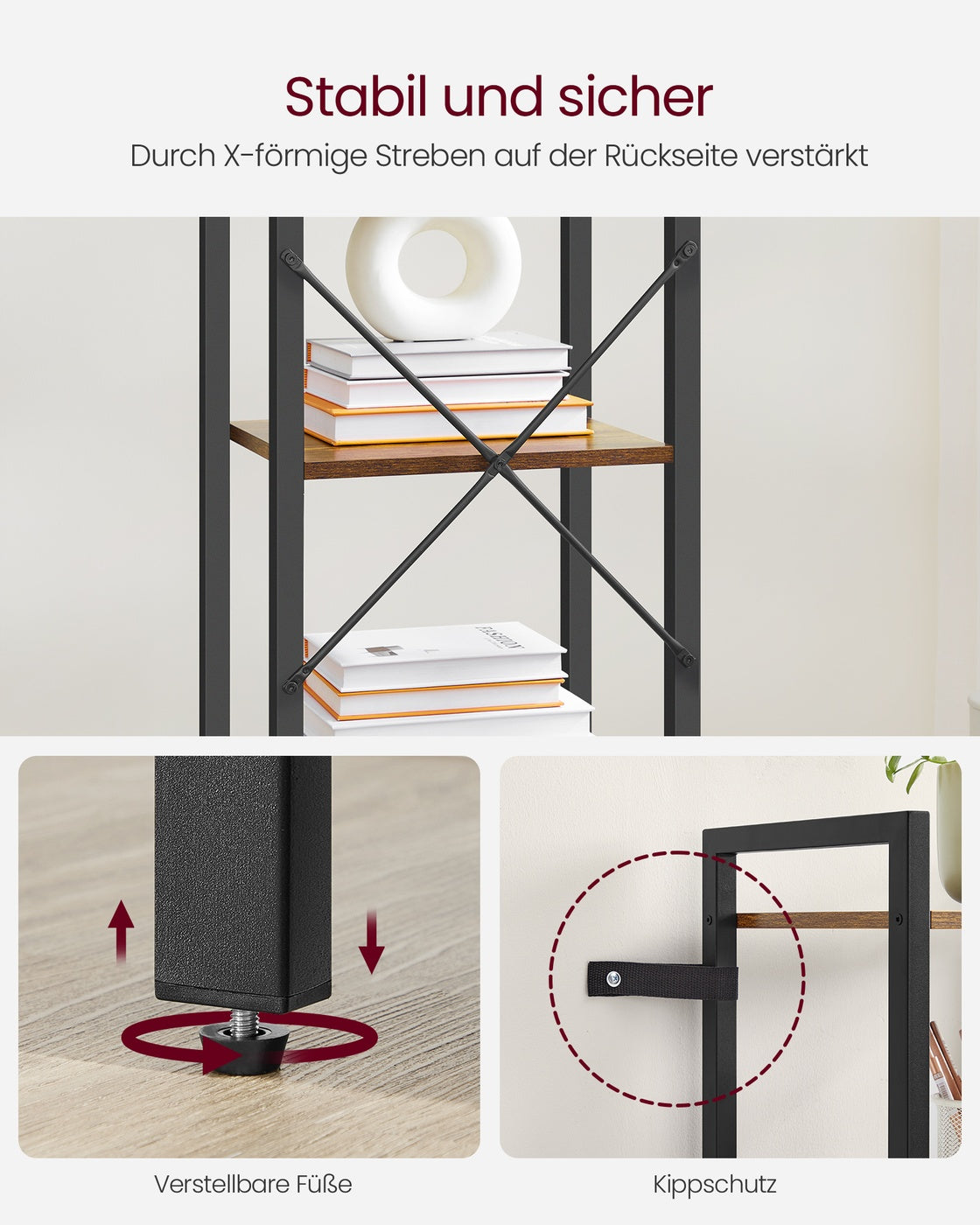 Boekenkast Industrieel – 6 Niveaus – Smal 40 cm – Zwart Metalen Frame met Houtlook – voor Woonkamer & Kantoor