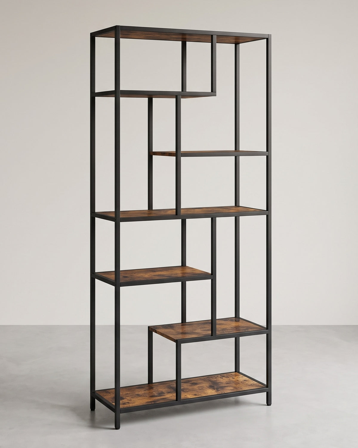Industriële Boekenkast met Asymmetrische Open Vakken – Stalen Frame – 80 x 30 x 180 cm