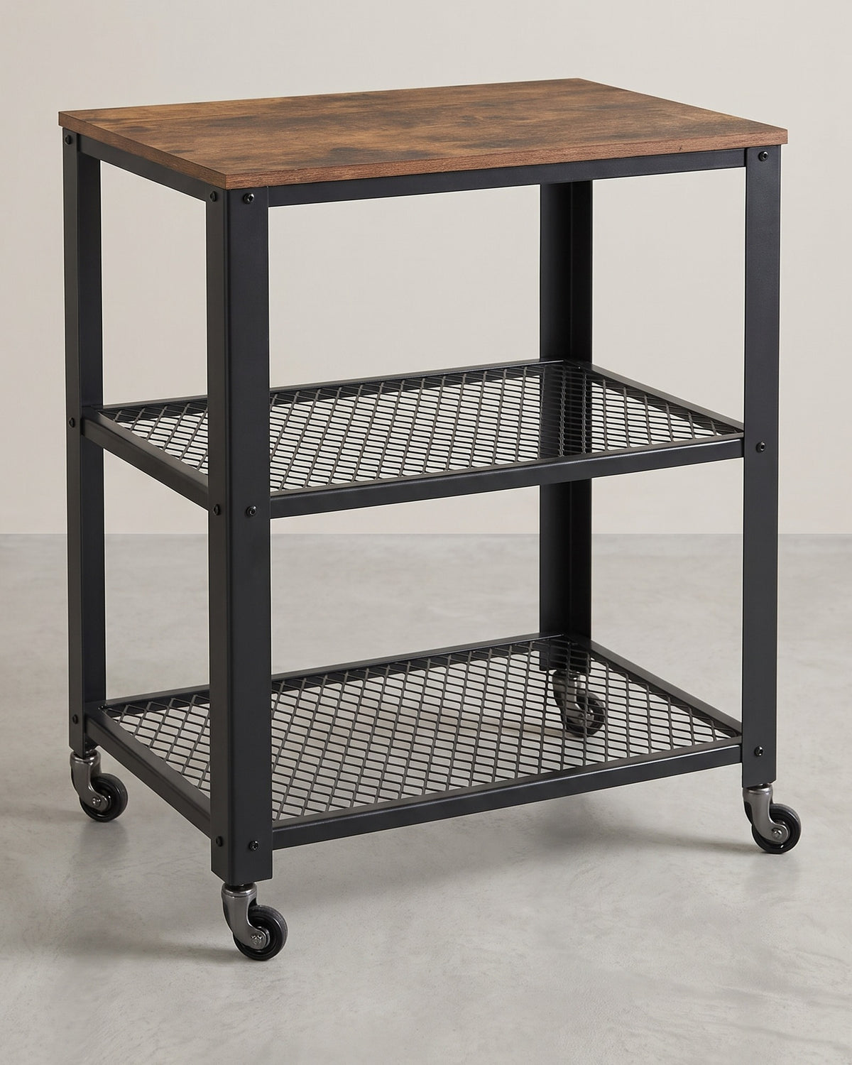 Industriële Keukentrolley – Houten Blad & 2 Gaasplanken – Op Wielen – 60 x 77,5 cm