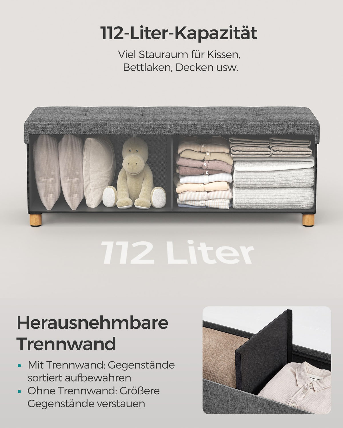 Opbergbank met Houten Pootjes – Opvouwbare Hocker in Linnenlook – Tot 300 kg – 76 of 110 cm