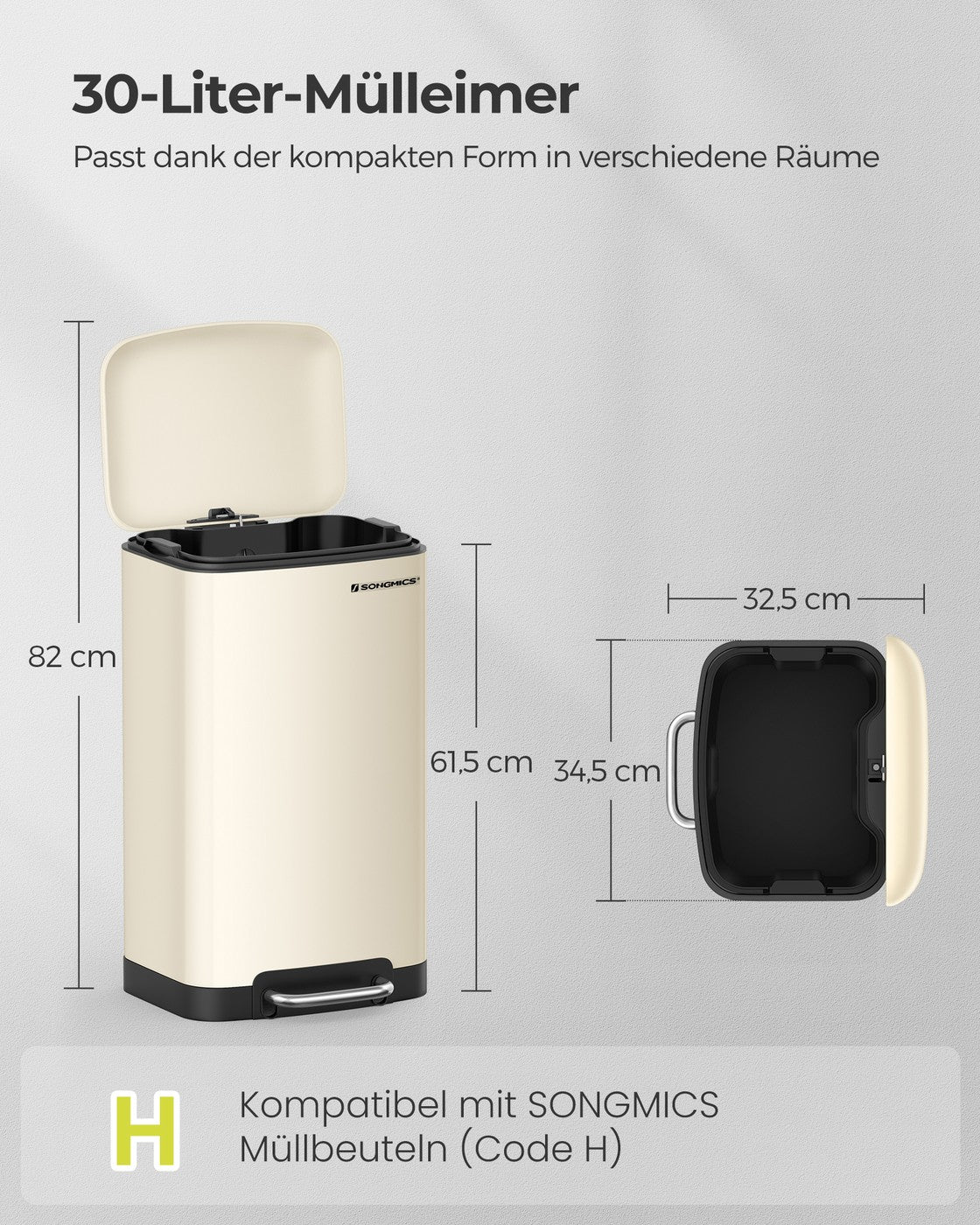 Pedaalemmer 30 Liter – Prullenbak met Softclose-deksel – Uitneembare Binnenemmer – 34 x 25 x 61,5 cm