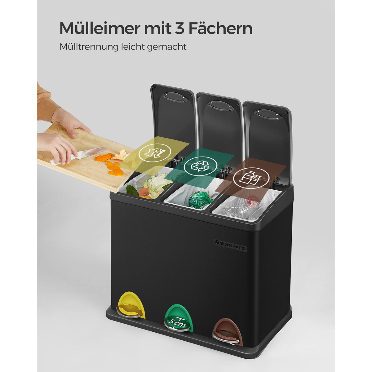 Prullenbak met 3 Vakken – Pedaalemmer voor Afvalscheiding – 3 x 8 Liter – Uitneembare Binnenemmers