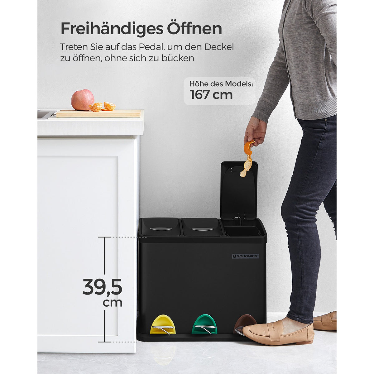 Prullenbak met 3 Vakken – Pedaalemmer voor Afvalscheiding – 3 x 8 Liter – Uitneembare Binnenemmers
