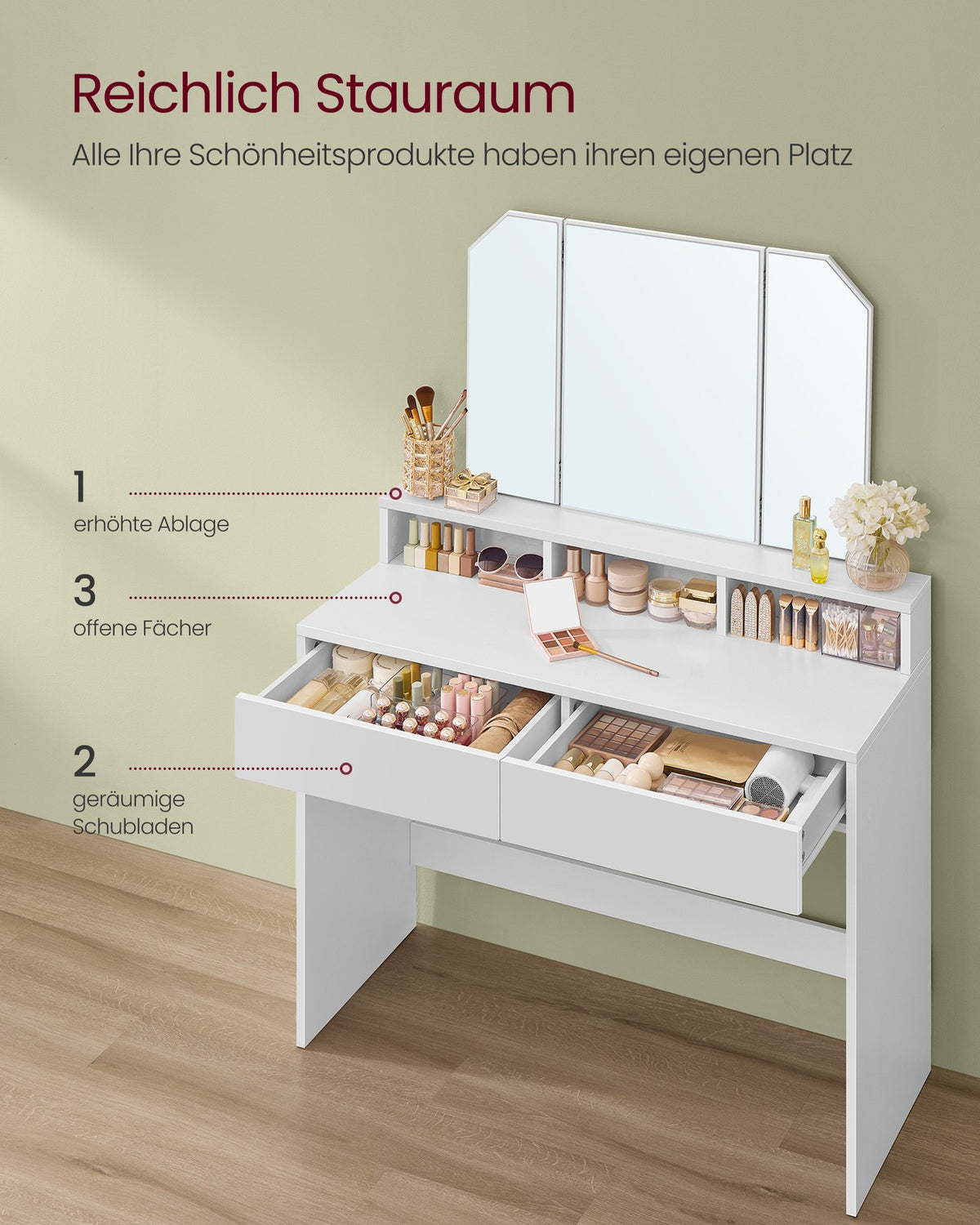 Kaptafel met Driedelige Klapspiegel – 2 Lades & 3 Open Vakken – Wit – 100 x 40 x 142 cm