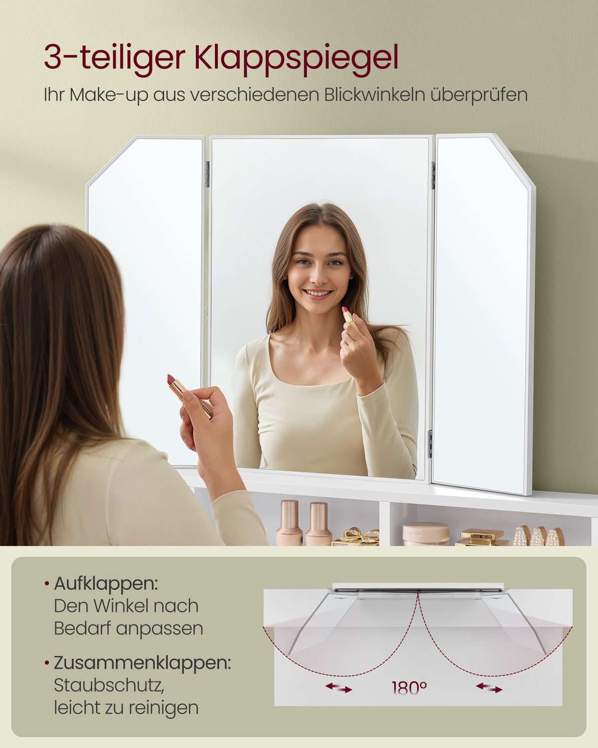 Kaptafel met Driedelige Klapspiegel – 2 Lades & 3 Open Vakken – Wit – 100 x 40 x 142 cm