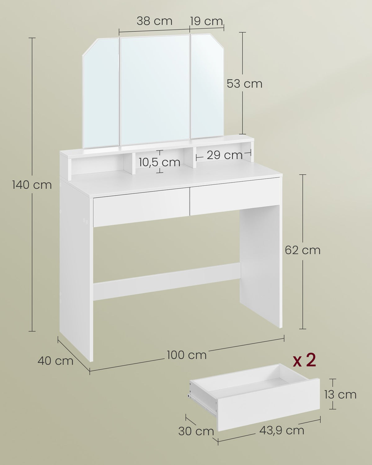 Kaptafel met Driedelige Klapspiegel – 2 Lades & 3 Open Vakken – Wit – 100 x 40 x 142 cm