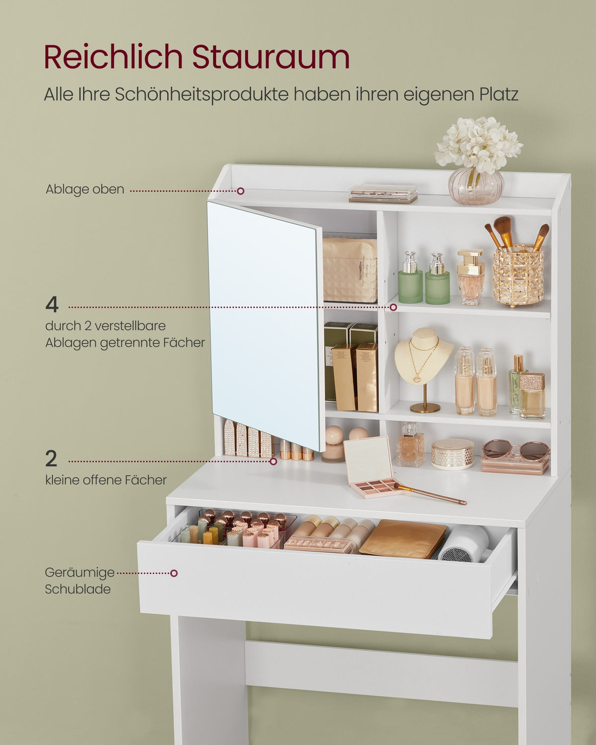 Kaptafel met Spiegeldeur en Opbergvakken – Verstelbare Planken & Lade – Wit – 70 x 40 x 136 cm