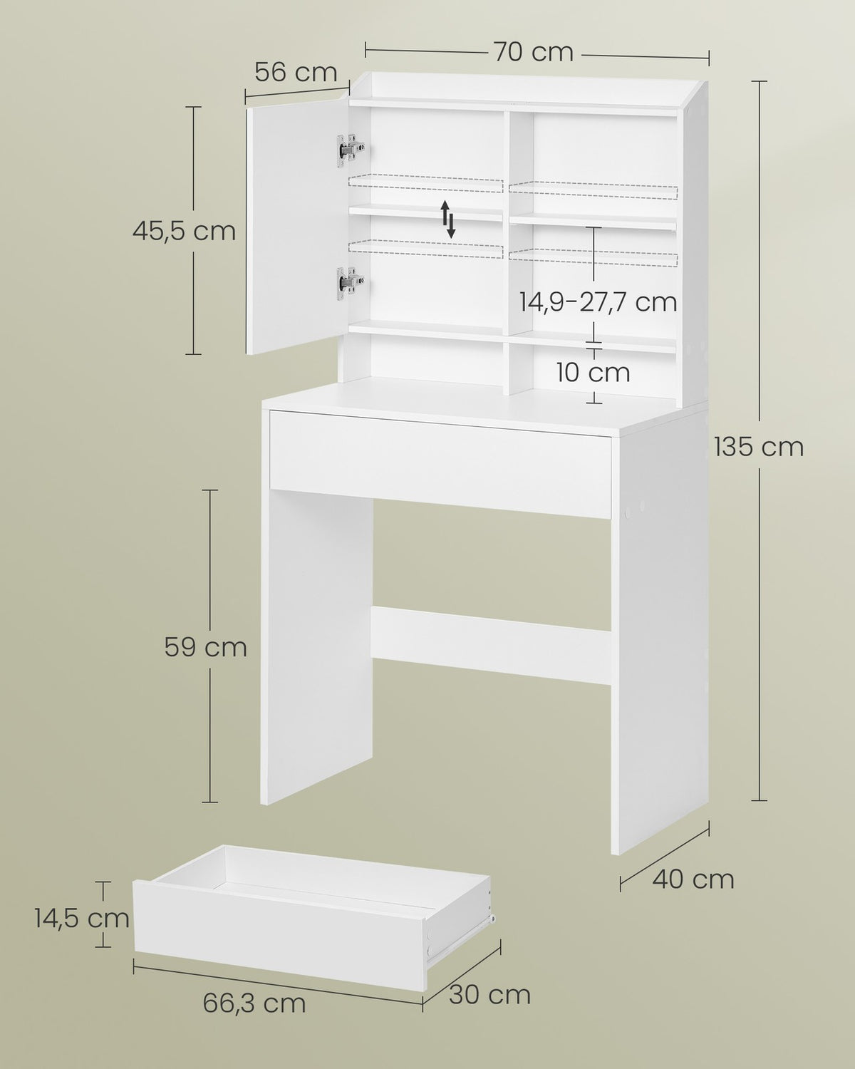 Kaptafel met Spiegeldeur en Opbergvakken – Verstelbare Planken & Lade – Wit – 70 x 40 x 136 cm