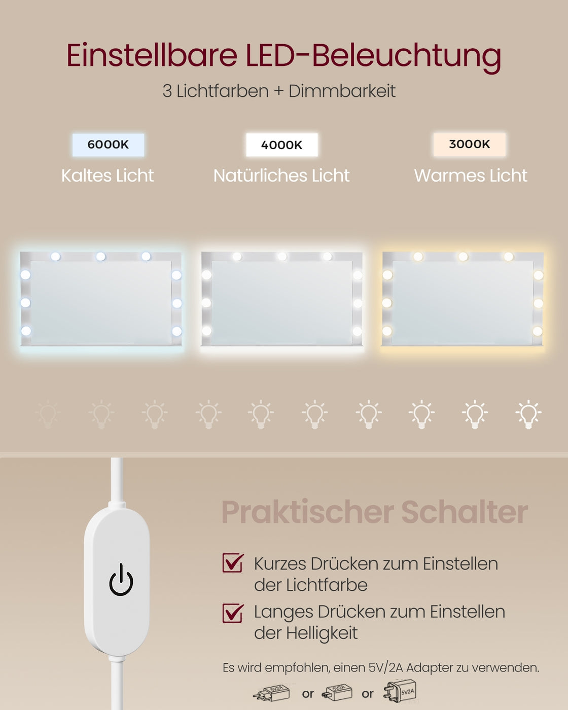 Kaptafel met Verlichte Spiegel – 9 Lampjes, 3 Lichtkleuren, Dimbaar – 2 Lades & Open Vakken – 80 cm