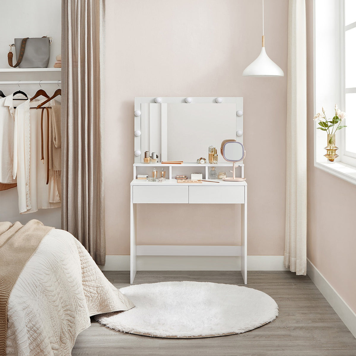 Kaptafel met Verlichte Spiegel – 9 Lampjes, 3 Lichtkleuren, Dimbaar – 2 Lades & Open Vakken – 80 cm