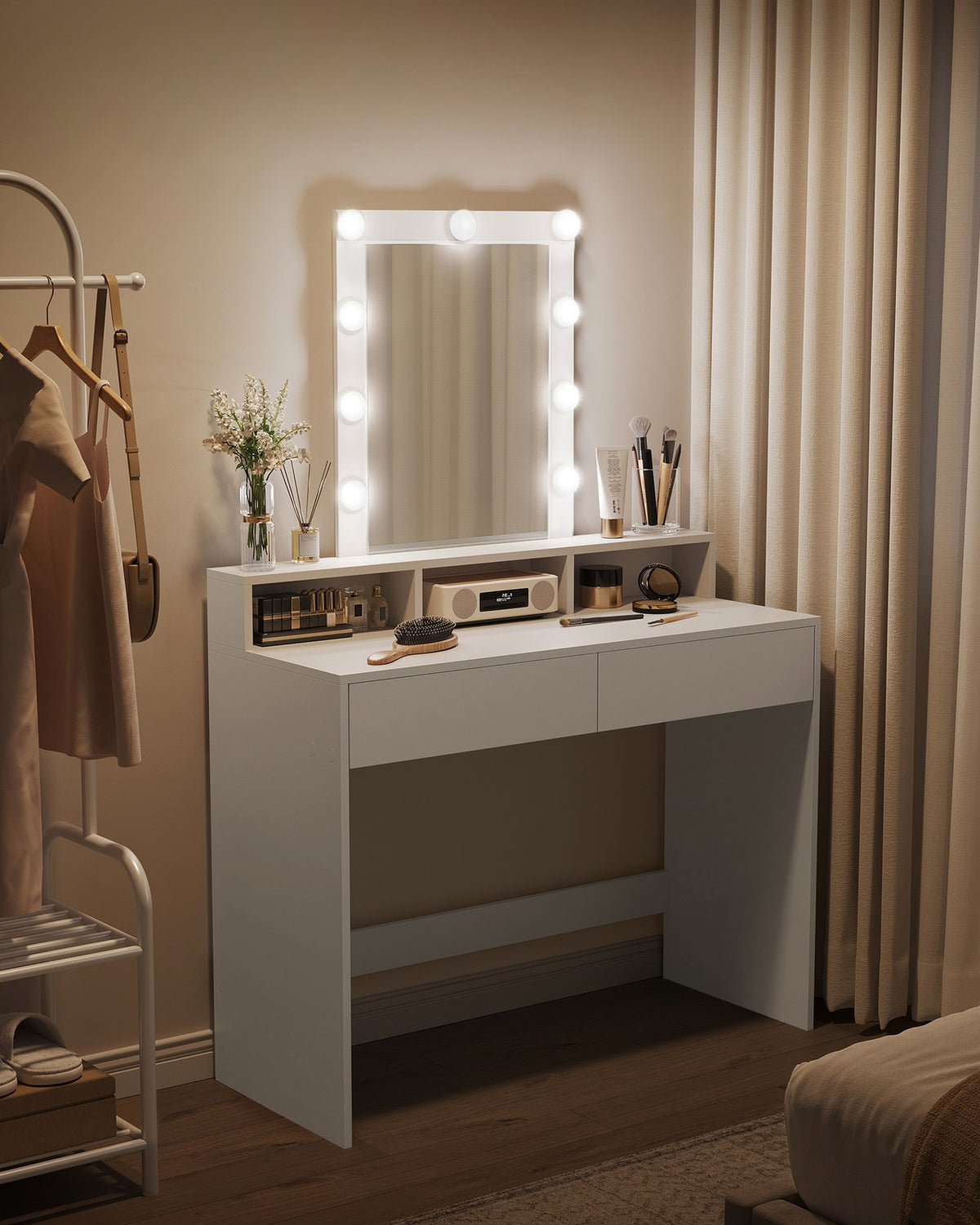 Kaptafel met LED-Spiegel – Dimbare Verlichting – 2 Lades & 3 Open Vakken – Wit – 100 x 40 x 145 cm