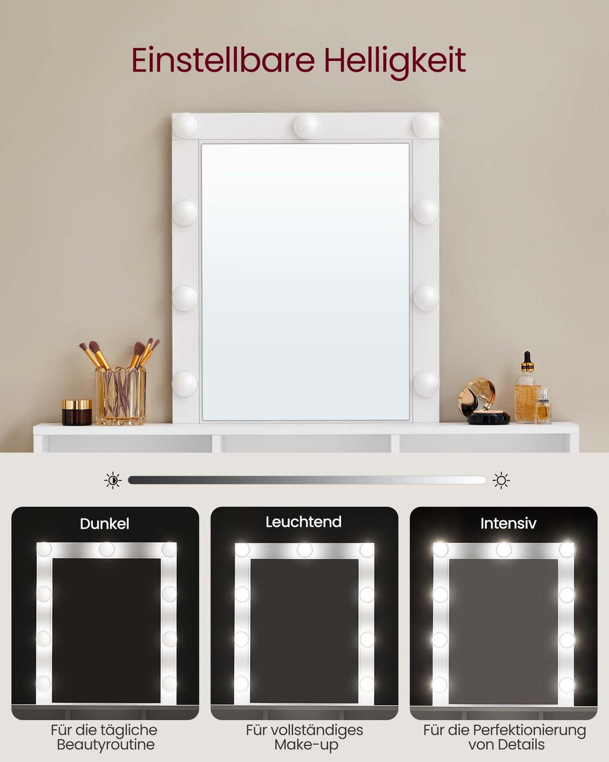 Kaptafel met LED-Spiegel – Dimbare Verlichting – 2 Lades & 3 Open Vakken – Wit – 100 x 40 x 145 cm