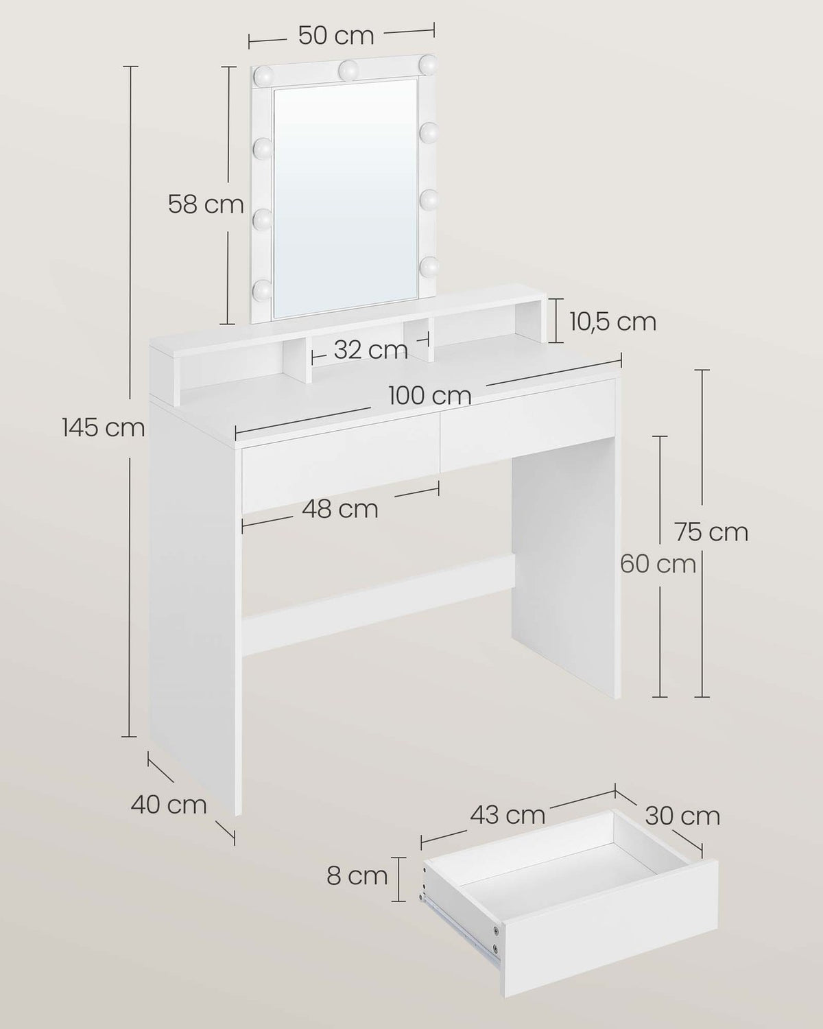 Kaptafel met LED-Spiegel – Dimbare Verlichting – 2 Lades & 3 Open Vakken – Wit – 100 x 40 x 145 cm