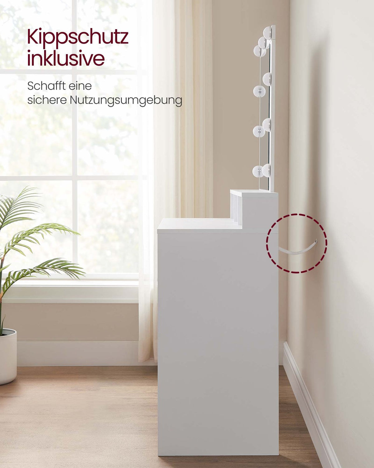 Kaptafel met LED-Spiegel – Dimbare Verlichting – 2 Lades & 3 Open Vakken – Wit – 100 x 40 x 145 cm