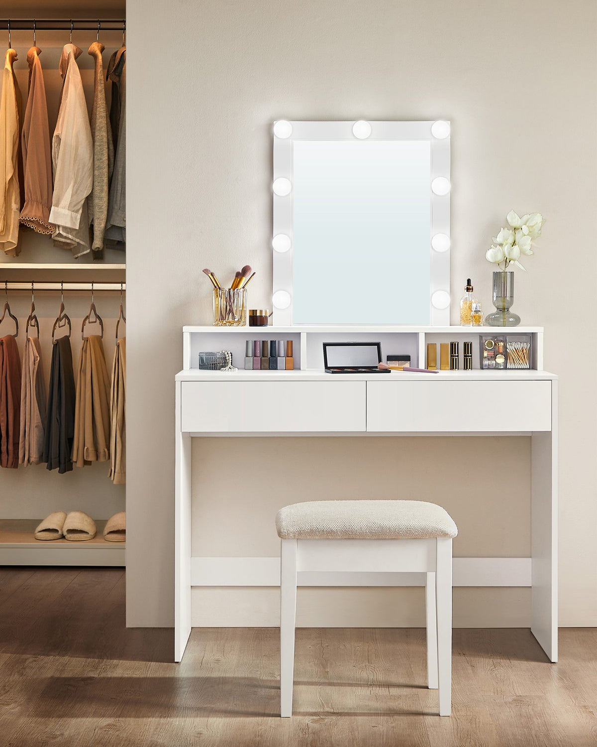 Kaptafel met LED-Spiegel – Dimbare Verlichting – 2 Lades & 3 Open Vakken – Wit – 100 x 40 x 145 cm