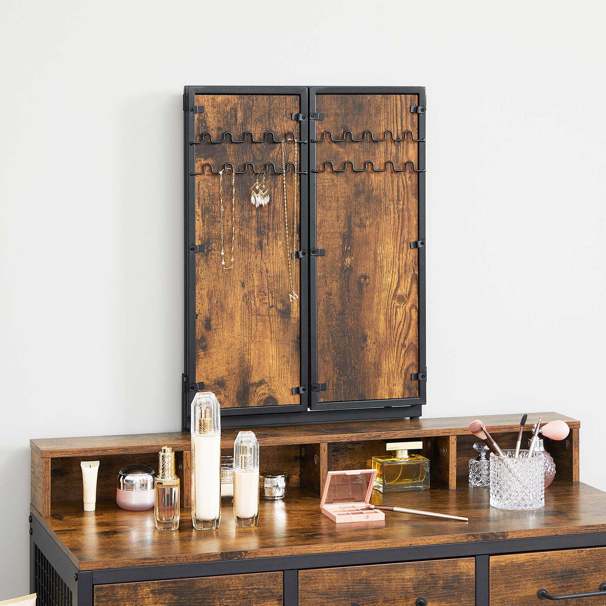 Kaptafel met Krukje en Driedelige Klapspiegel – 3 Lades & Open Vakken – Industrieel – 90 cm