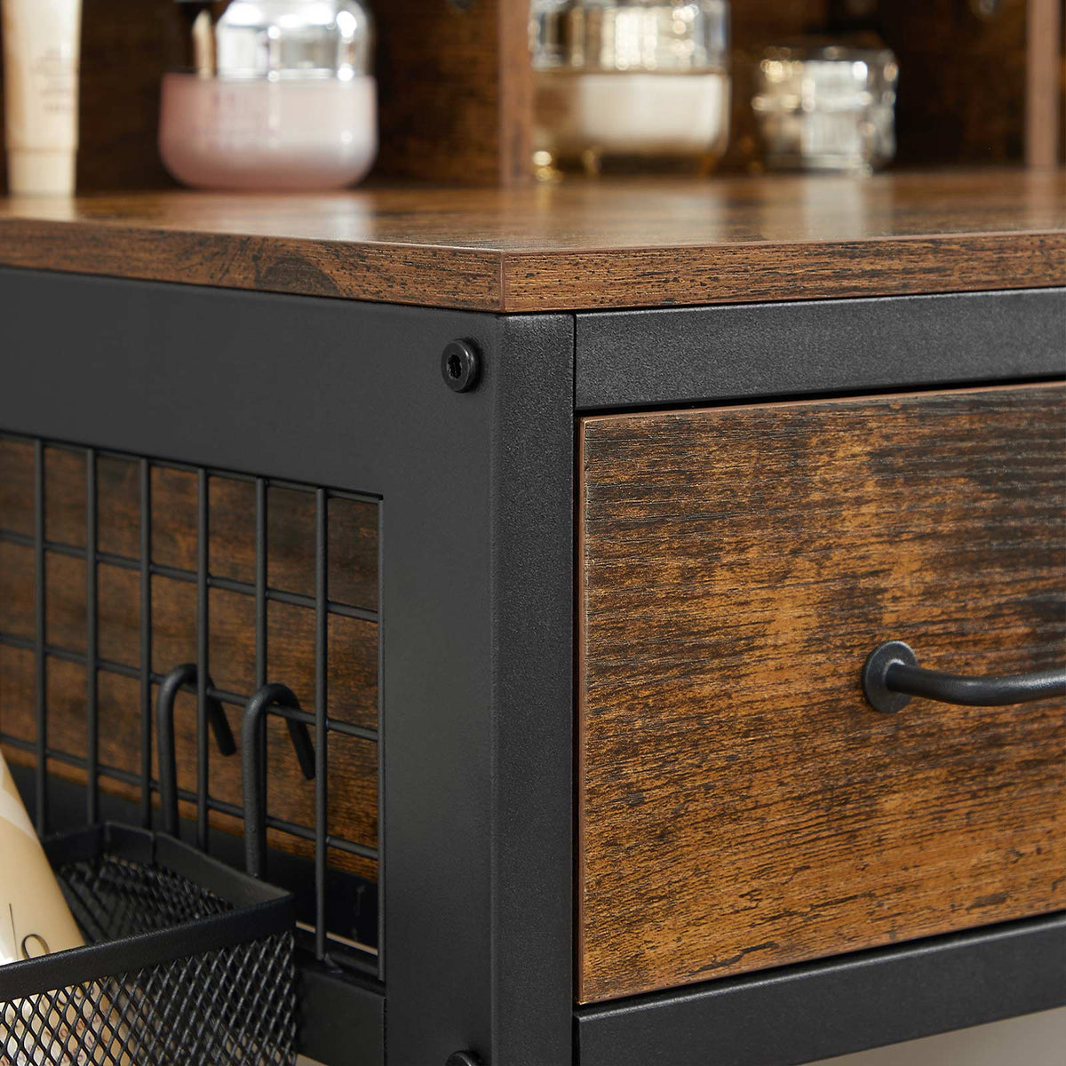 Kaptafel met Krukje en Driedelige Klapspiegel – 3 Lades & Open Vakken – Industrieel – 90 cm
