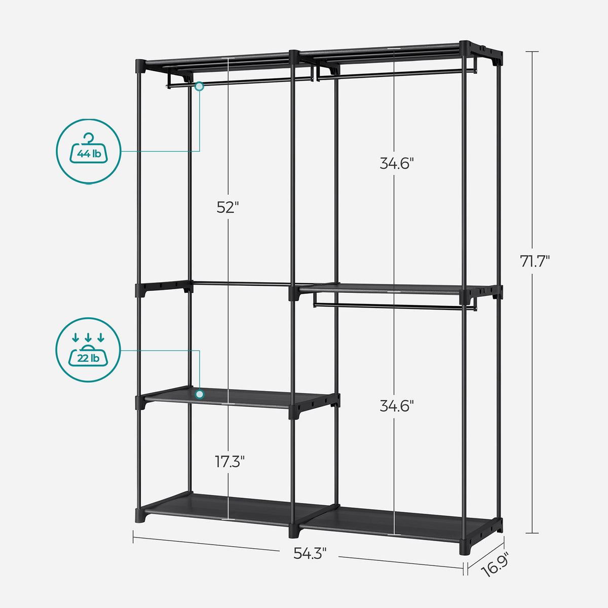 Open Kledingkast – 3 Kledingstangen & Planken – Metaal – Zonder Gereedschap – 138 x 43 x 182 cm
