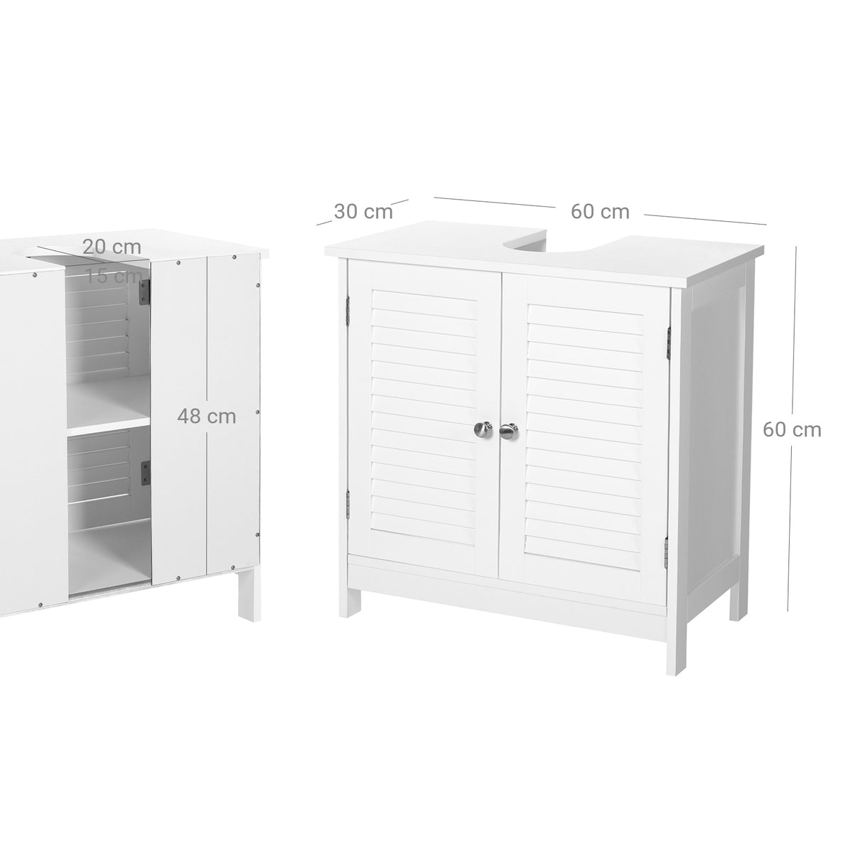 Wastafelonderkast met Lamellendeuren – Mat Wit – Verstelbare Plank – 60 x 30 x 60 cm