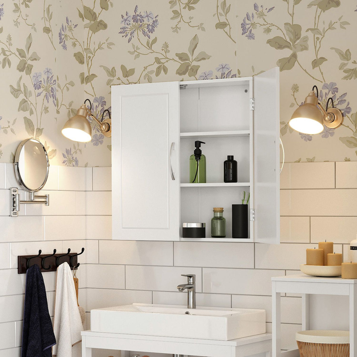 Hangkast voor de Badkamer met 2 Deuren – 2 Verstelbare Planken – Magneetsluiting – 60 x 18 x 60 cm