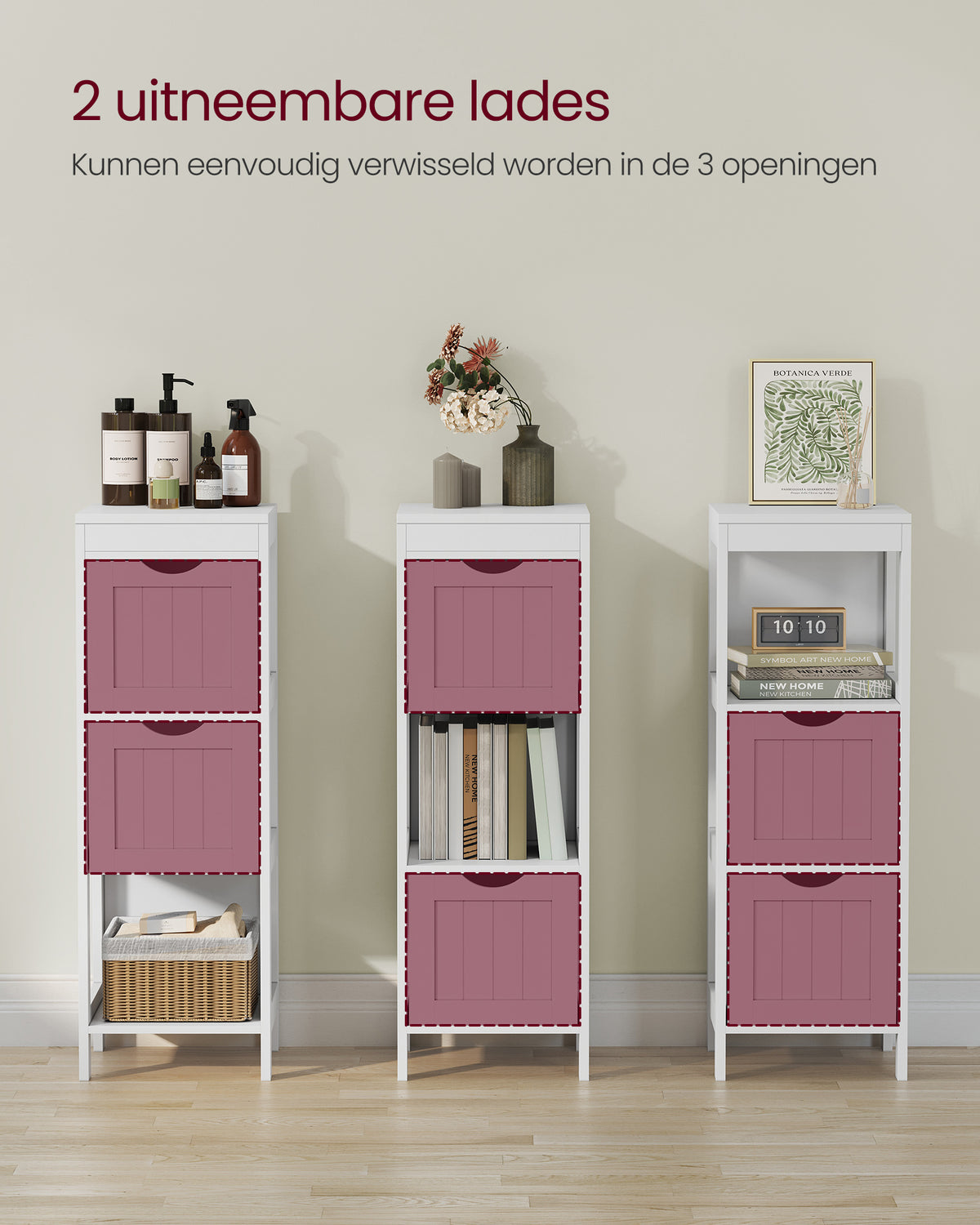 Smalle Badkamerkast met 2 Lades en Open Vak – Uitneembare Lades – 30 x 30 x 89 cm