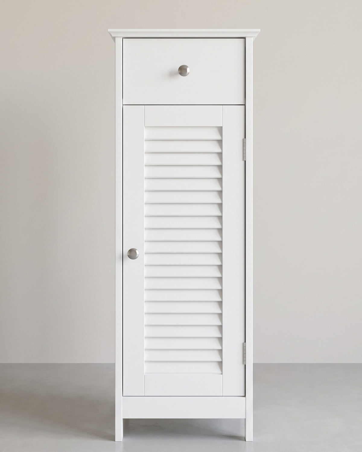 Smalle Badkamerkast met Lamellendeur en Lade – 2 Vakken – Met Kantelbeveiliging – 32 x 30 x 87 cm