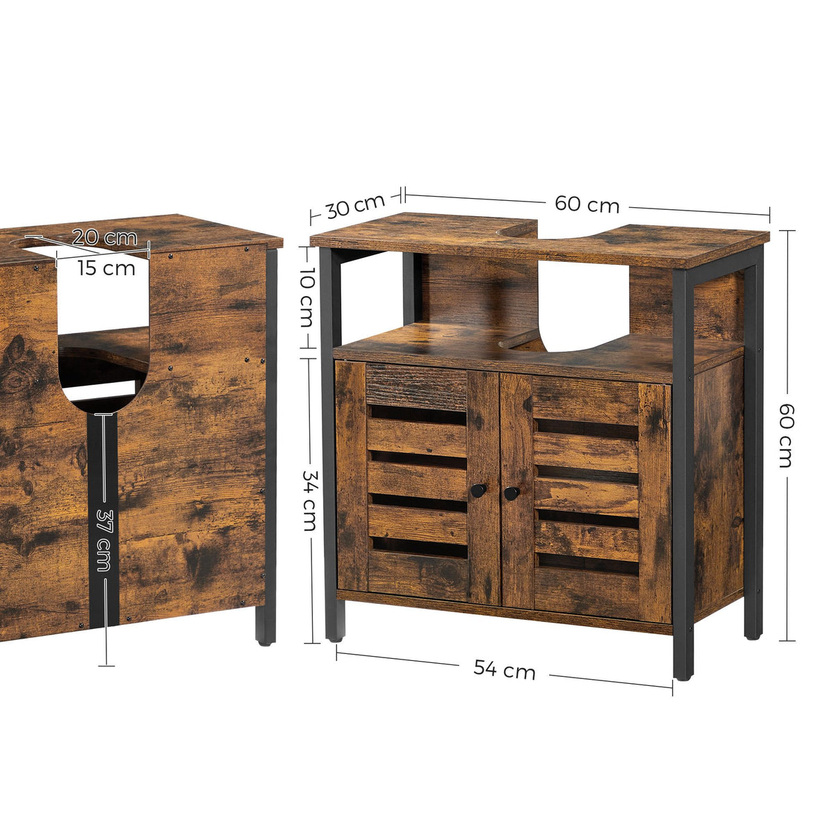 Wastafelonderkast Industrieel met Open Vak – 2 Lamellendeuren – Stalen Frame – 60 x 30 x 60 cm