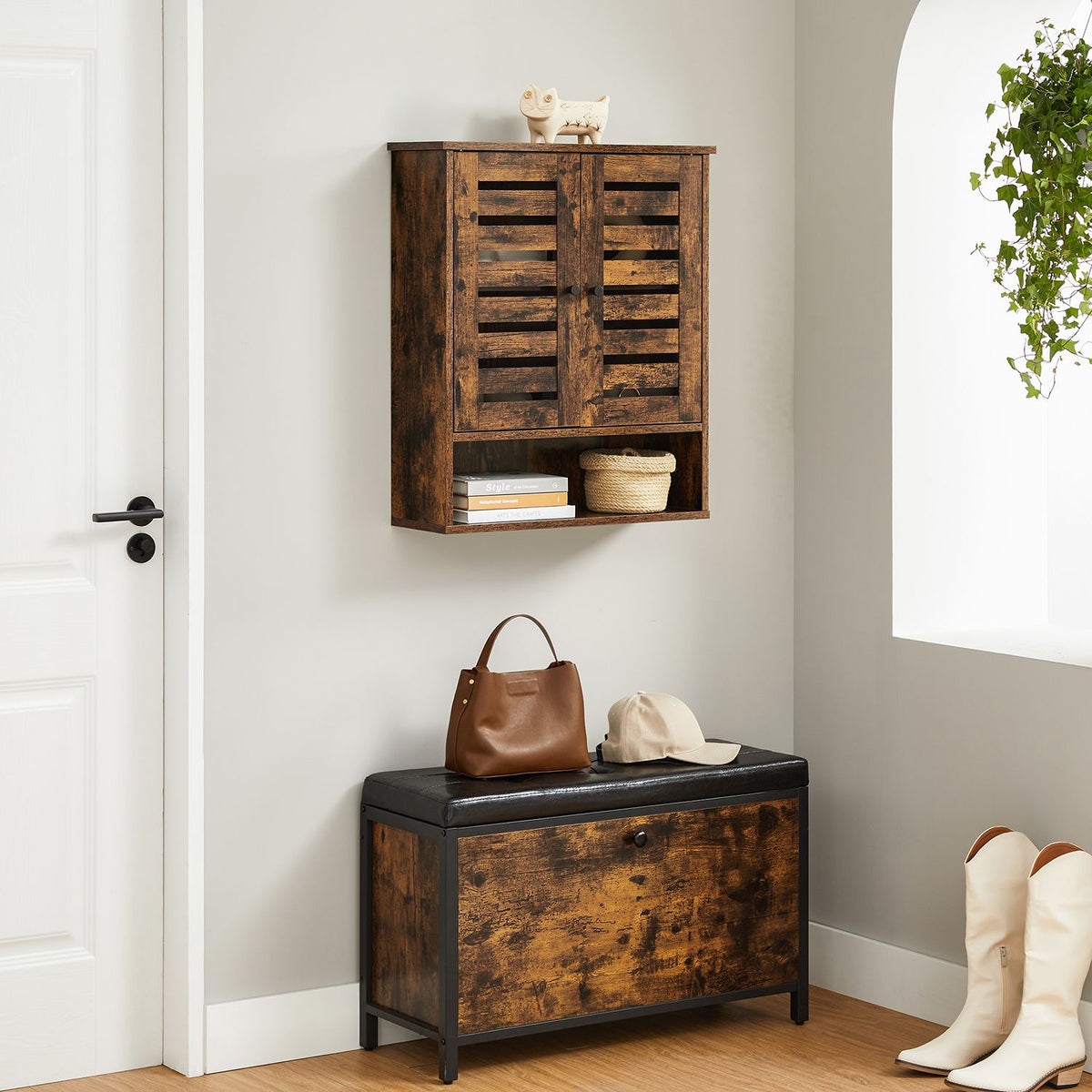 Hangkast voor de Badkamer – 2 Lamellendeuren & Open Vak – Vintage Bruin – 60 x 20 x 70 cm