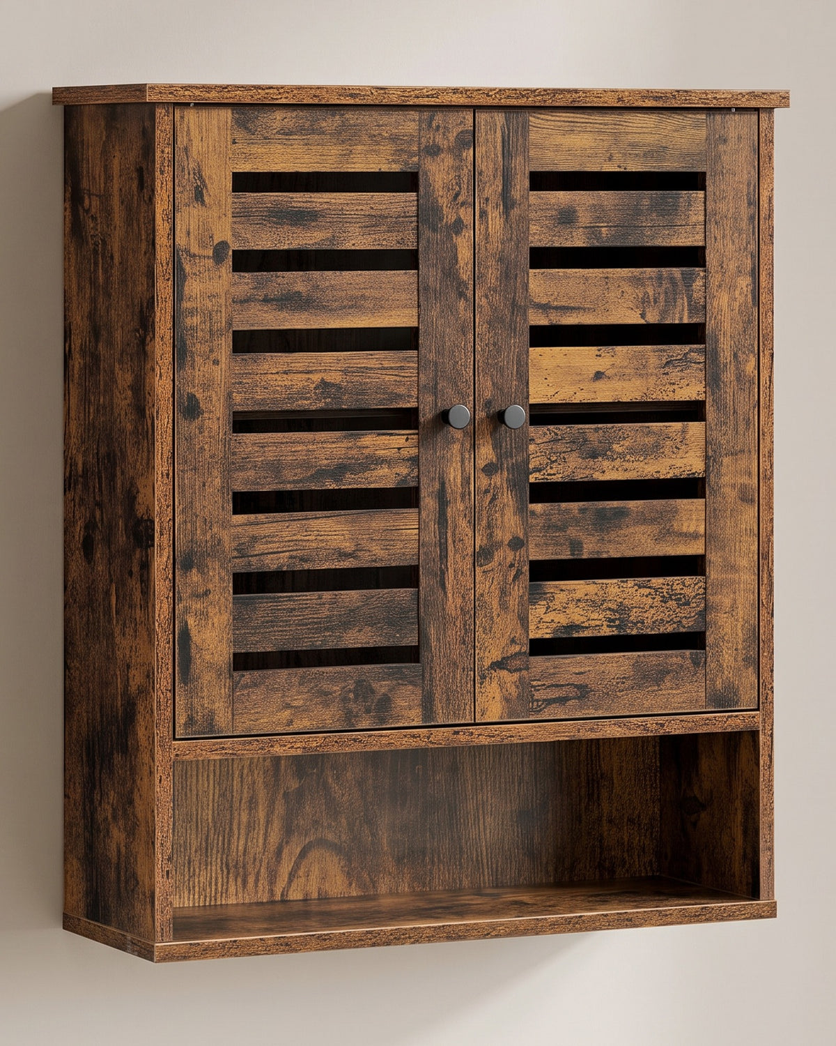 Hangkast voor de Badkamer – 2 Lamellendeuren & Open Vak – Vintage Bruin – 60 x 20 x 70 cm