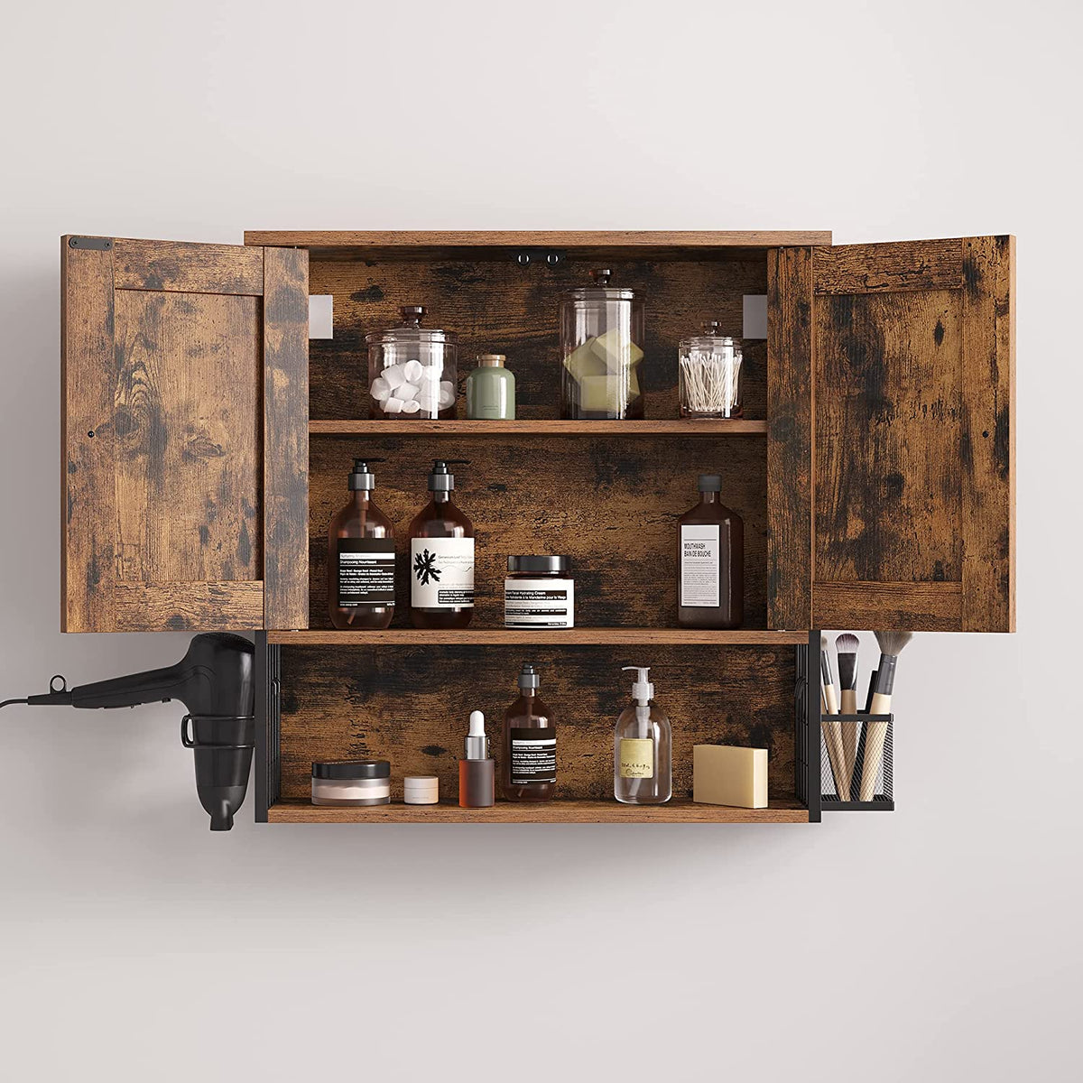 Hangkast Badkamer met Föhnhouder en Opbergmandje – 2 Deuren – Vintage Bruin – 60 x 16 x 60 cm