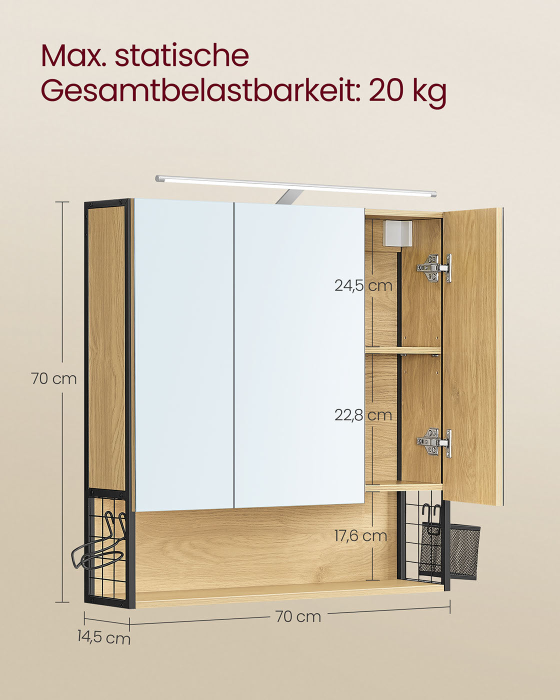 Spiegelkast met LED-Verlichting – 3 Spiegeldeuren – Föhnhouder & Opbergmandje – 70 x 14,5 x 70 cm