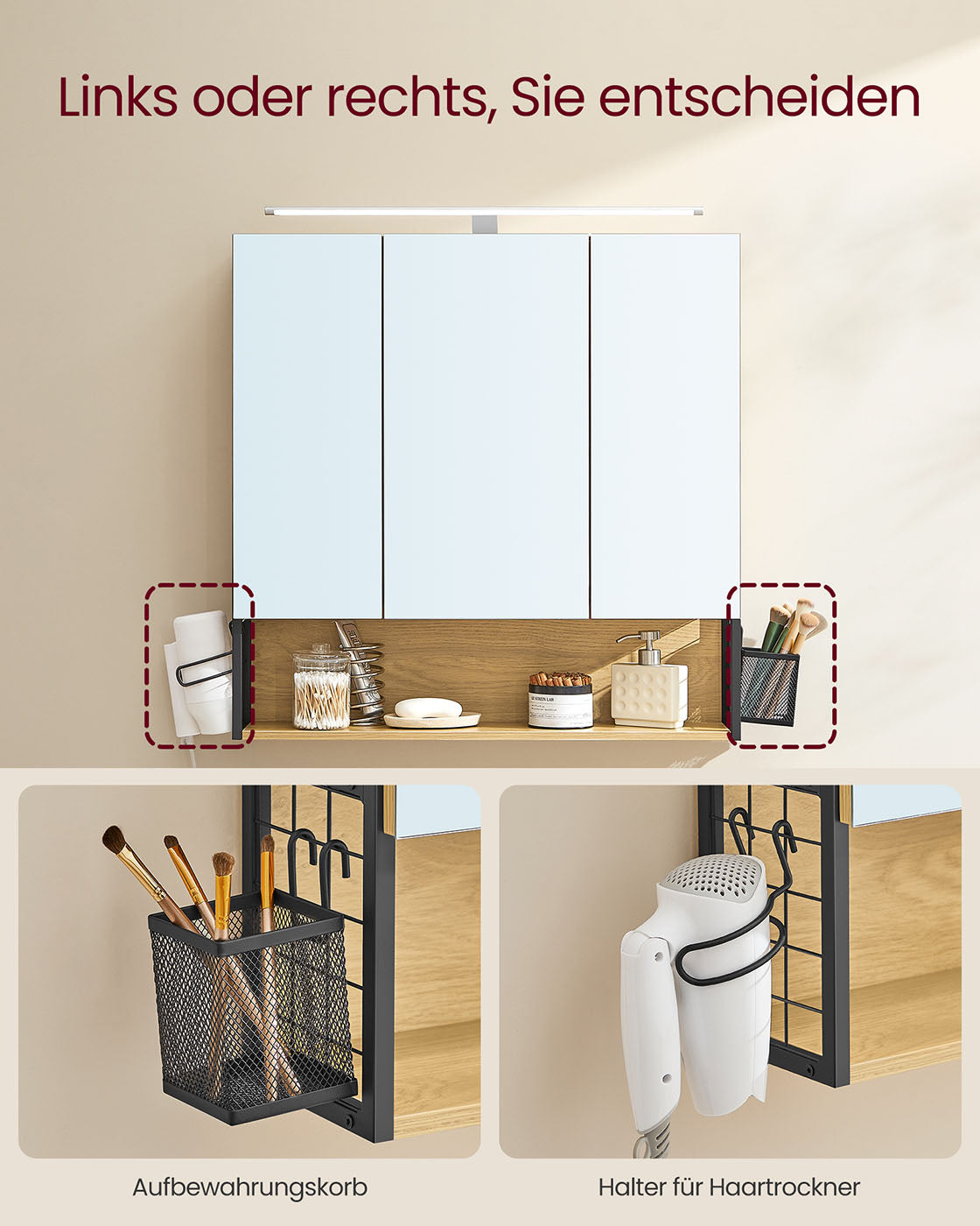 Spiegelkast met LED-Verlichting – 3 Spiegeldeuren – Föhnhouder & Opbergmandje – 70 x 14,5 x 70 cm