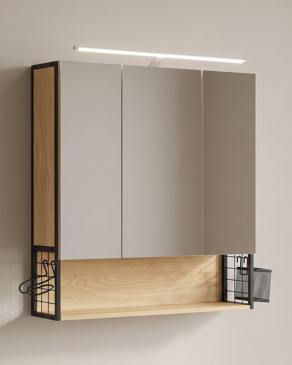 Spiegelkast met LED-Verlichting – 3 Spiegeldeuren – Föhnhouder & Opbergmandje – 70 x 14,5 x 70 cm