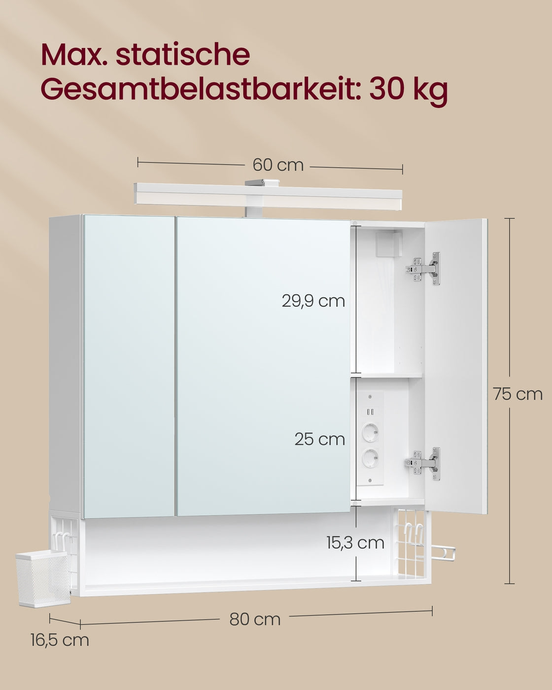 Spiegelkast met LED-Verlichting en Stopcontacten – 3 Spiegeldeuren – Föhnhouder & Opbergmandje
