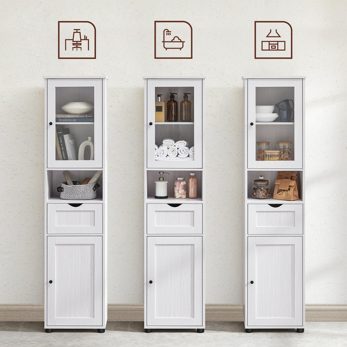 Hoge Badkamerkast met Glazen Deur, Lade en Open Vak – Verstelbare Planken – 40 x 30 x 165 cm