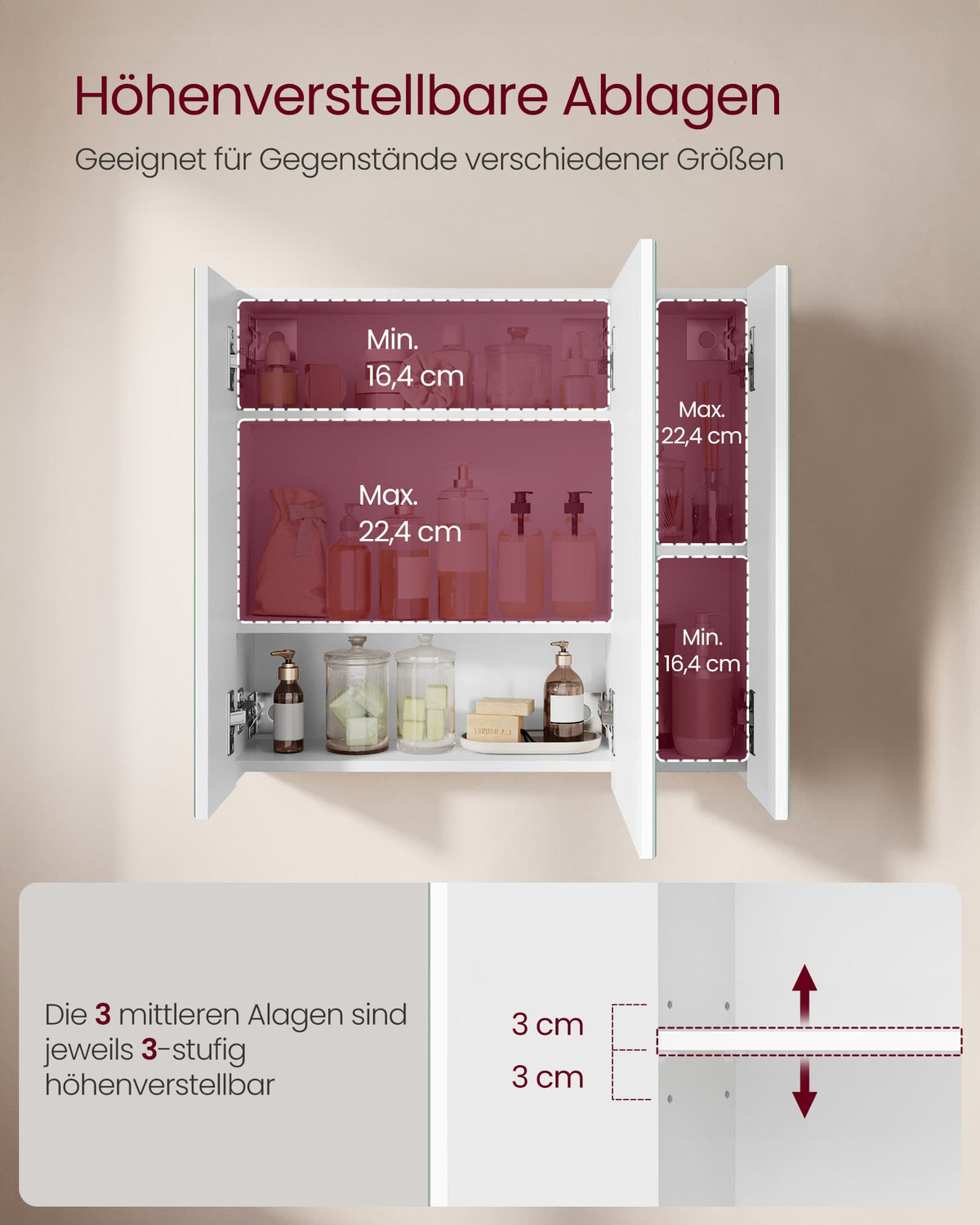 Spiegelkast met 3 Spiegeldeuren – Badkamerkast Zonder Grepen – 5 Vakken & Verstelbare Planken – Wit