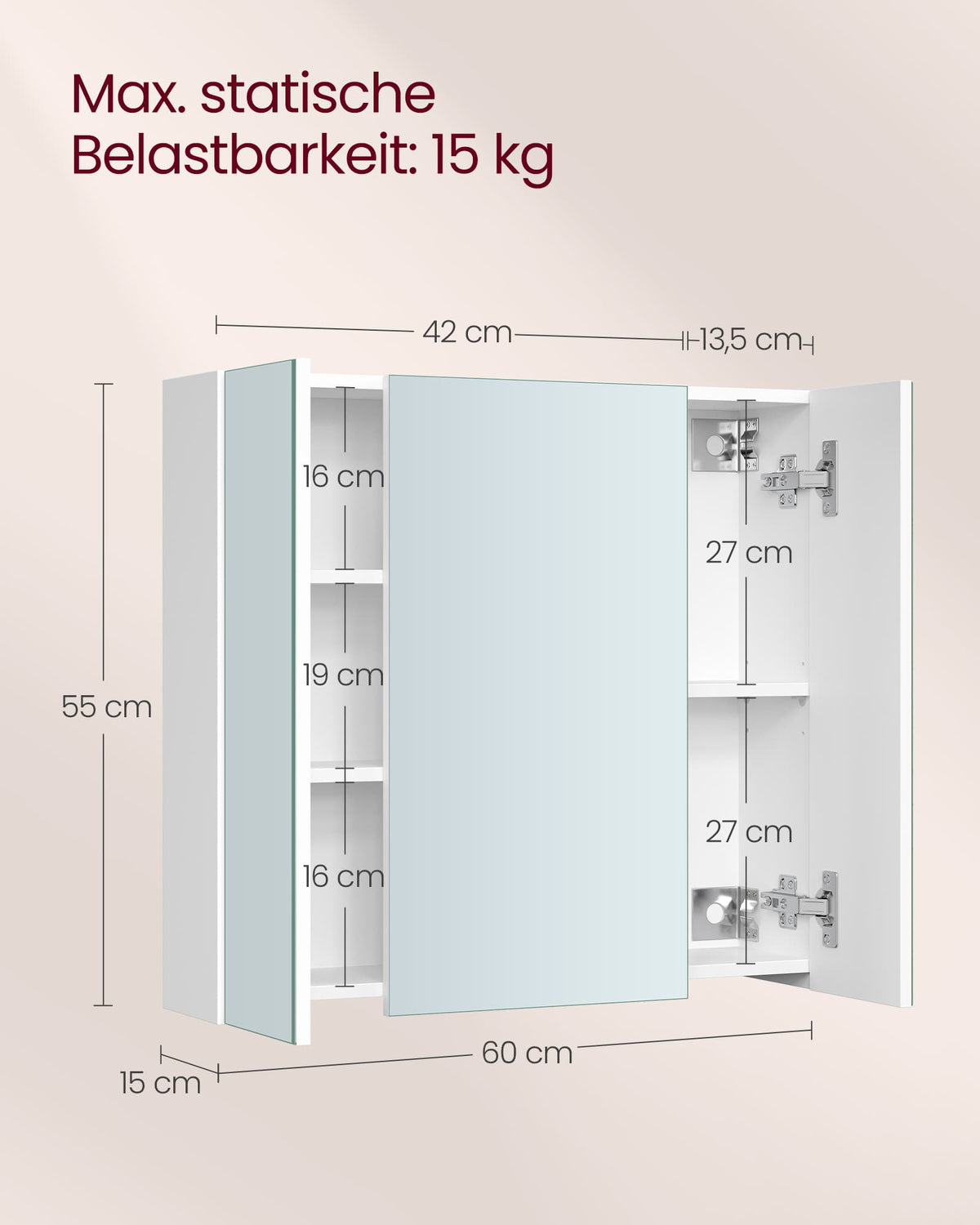 Spiegelkast met 3 Spiegeldeuren – Badkamerkast Zonder Grepen – 5 Vakken & Verstelbare Planken – Wit