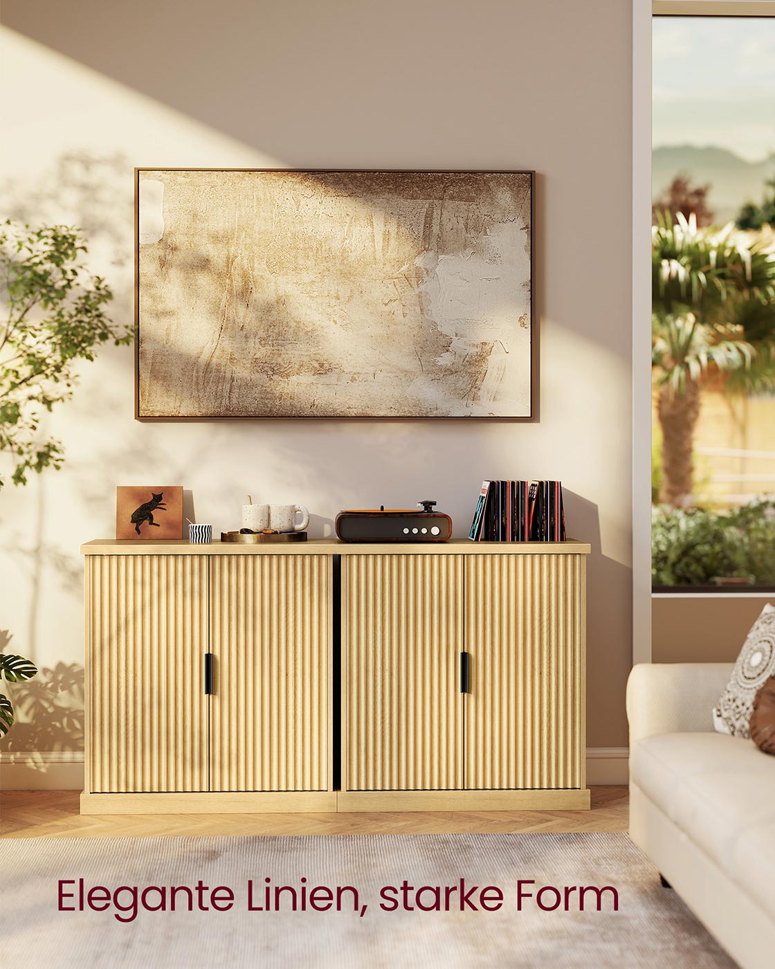 Dressoir met geribbelde deuren in woonkamer