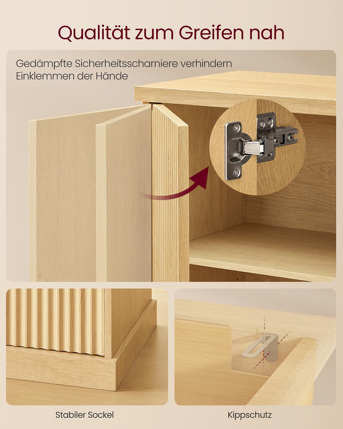 Dressoir geribbelde deuren detail met zwarte grepen