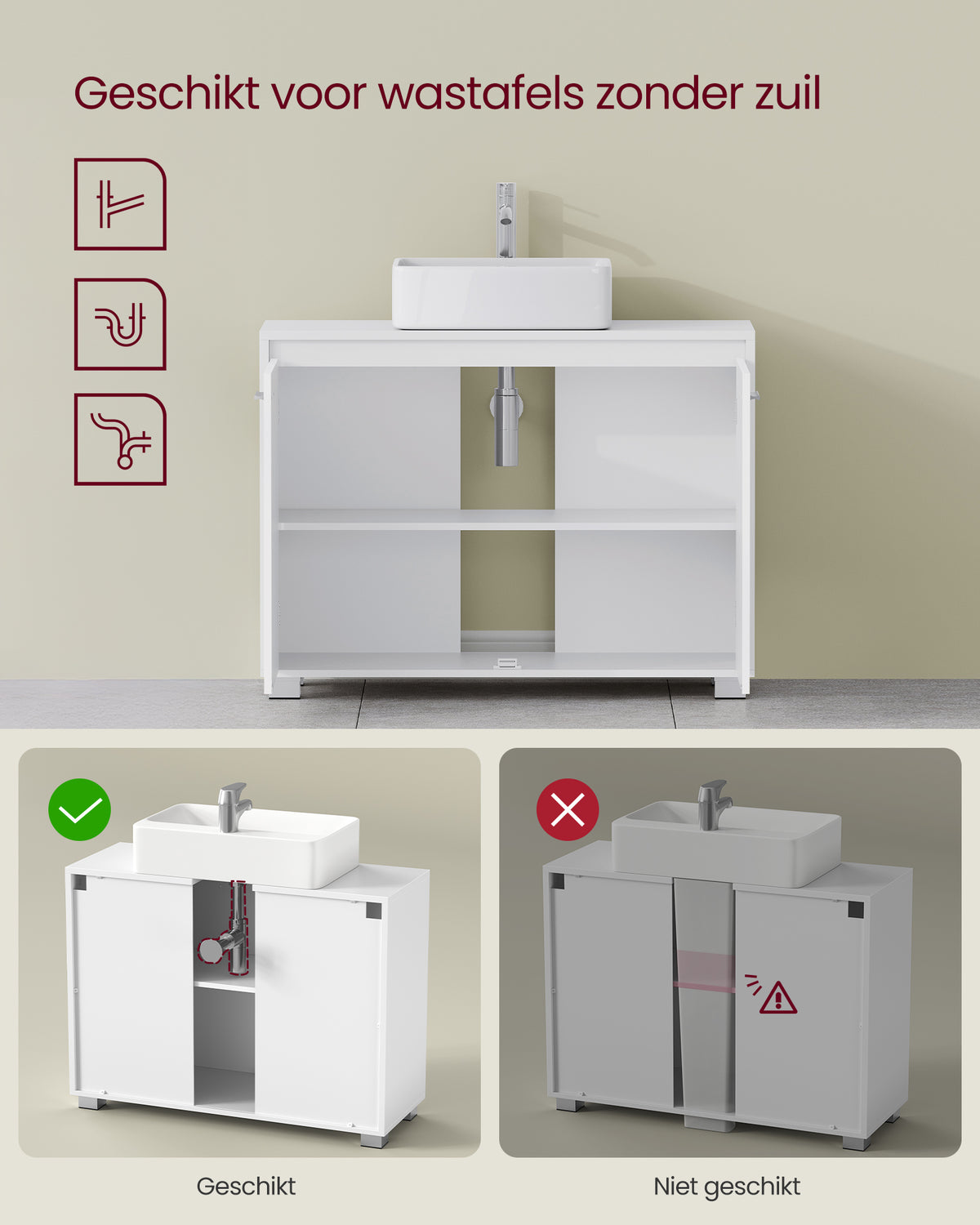 Badkamerkast voor Wastafel – Wastafelmeubel zonder Voetstuk – Wit – 60 of 80 cm