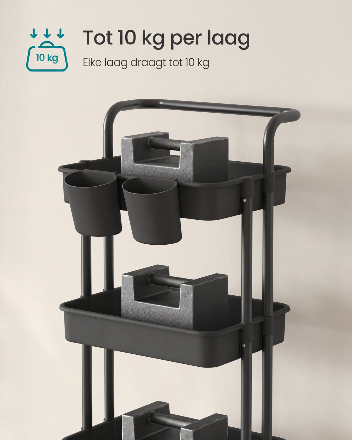 Trolley met Opbergmanden – Handgreep, 2 Hangbakjes & Wielen – 3 of 4 Lagen