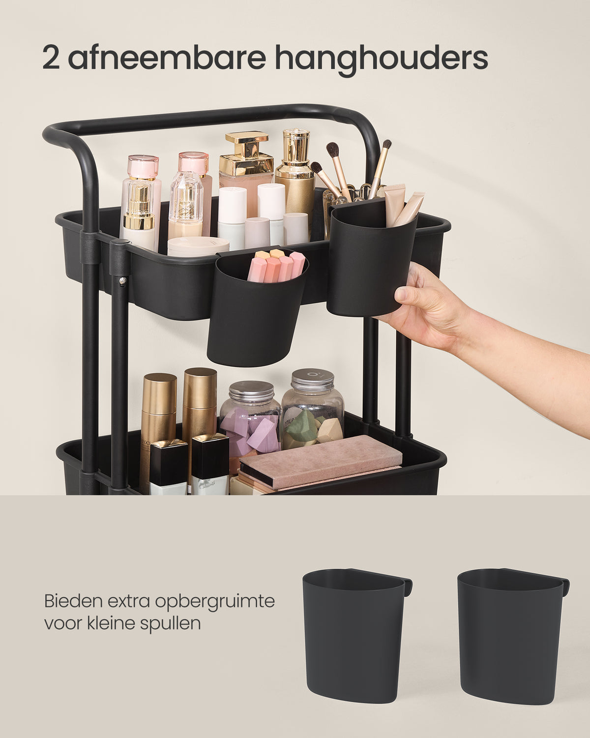Trolley met Opbergmanden – Handgreep, 2 Hangbakjes & Wielen – 3 of 4 Lagen