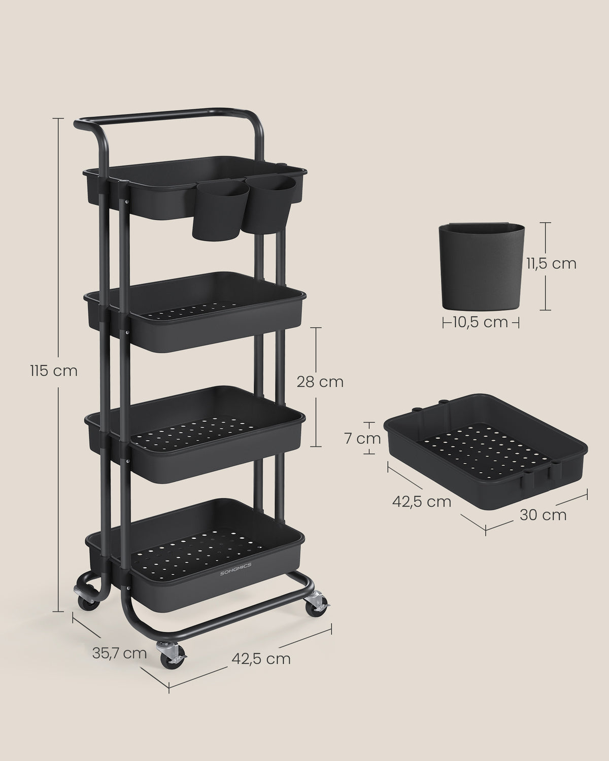 Trolley met Opbergmanden – Handgreep, 2 Hangbakjes & Wielen – 3 of 4 Lagen