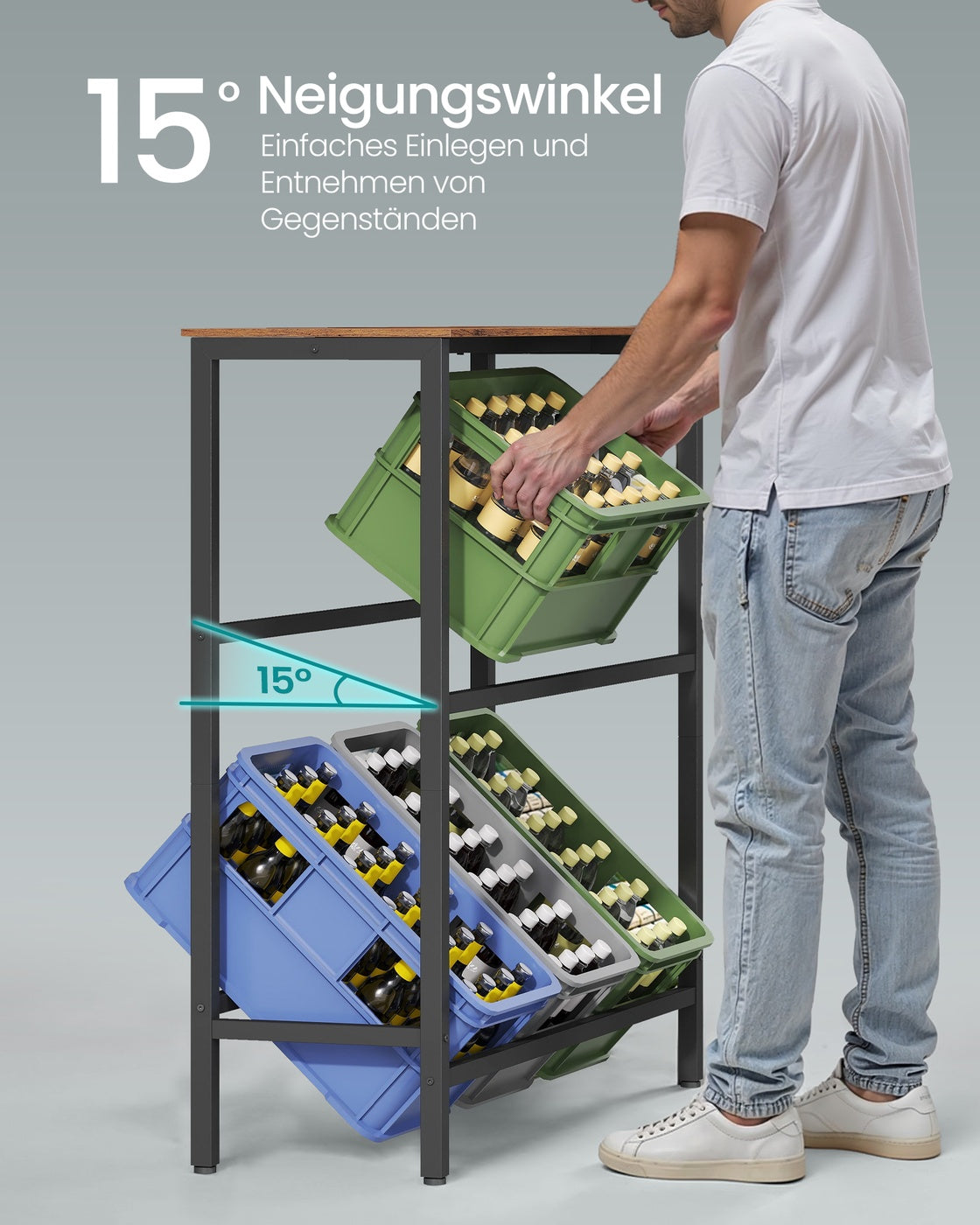 Drankkrattenrek met Bovenblad – 2 Schuine Etages – Stalen Frame – Voor 4 of 6 Kratten – 117 cm Hoog