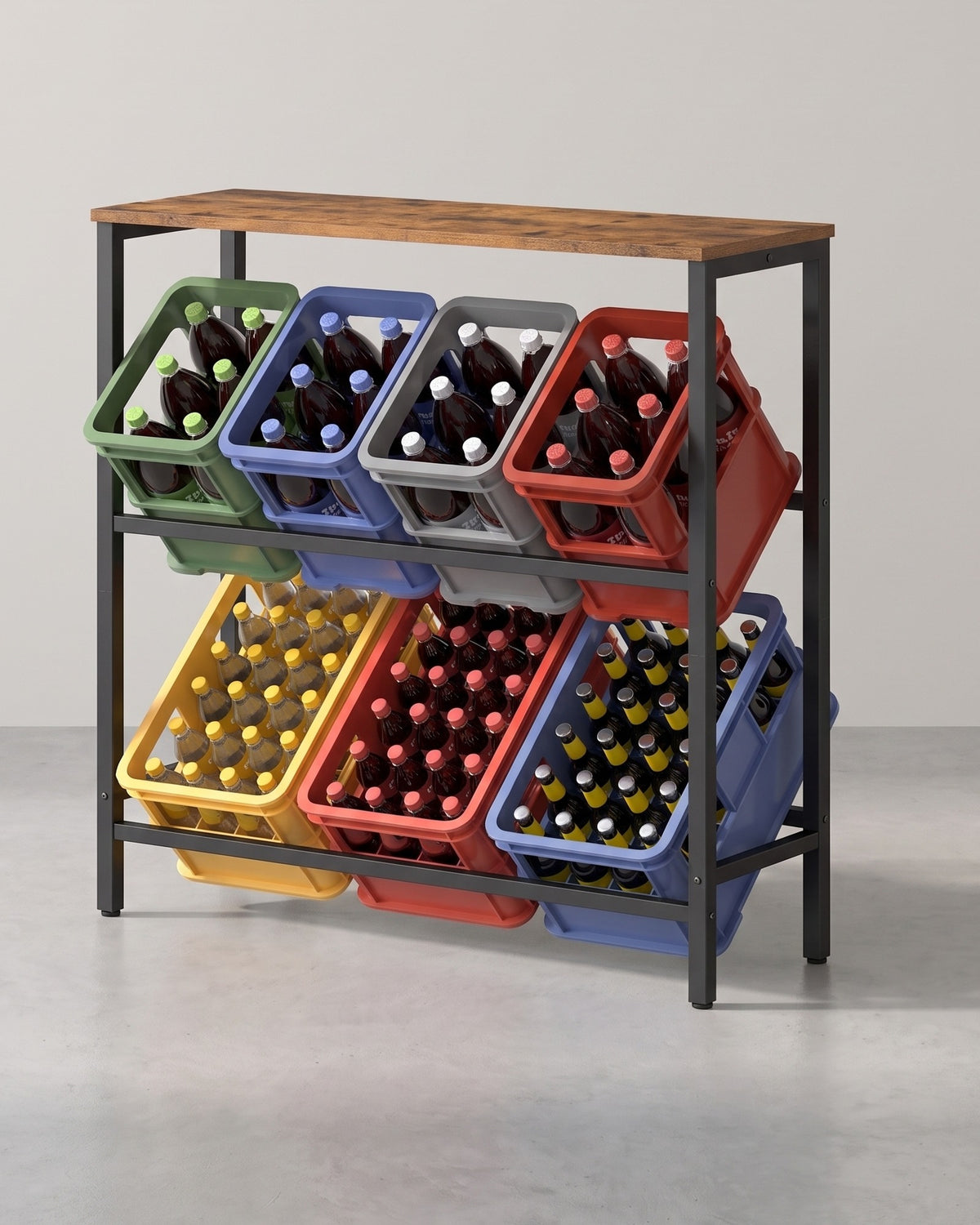 Drankkrattenrek met Bovenblad – 2 Schuine Etages – Stalen Frame – Voor 4 of 6 Kratten – 117 cm Hoog