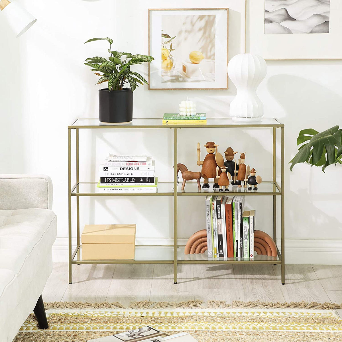 Wandtafel met 3 Glazen Planken – Goudkleurig Stalen Frame – Gehard Glas – 130 x 30 x 73 cm
