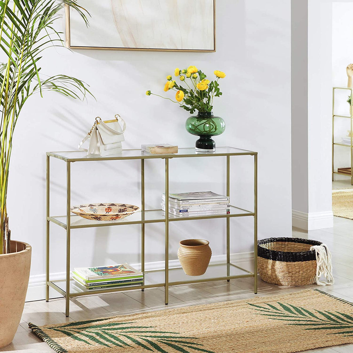 Wandtafel met 3 Glazen Planken – Goudkleurig Stalen Frame – Gehard Glas – 130 x 30 x 73 cm