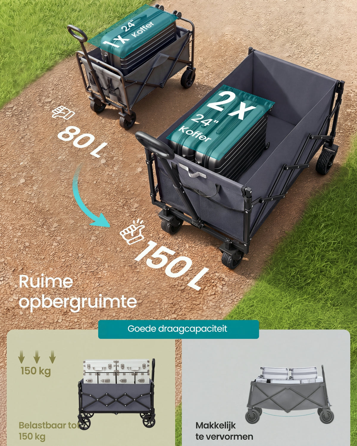Opvouwbare Bolderkar - Transportwagen Met Afneembare Wielen - Handkar Voor Tuin, Camping En Strand